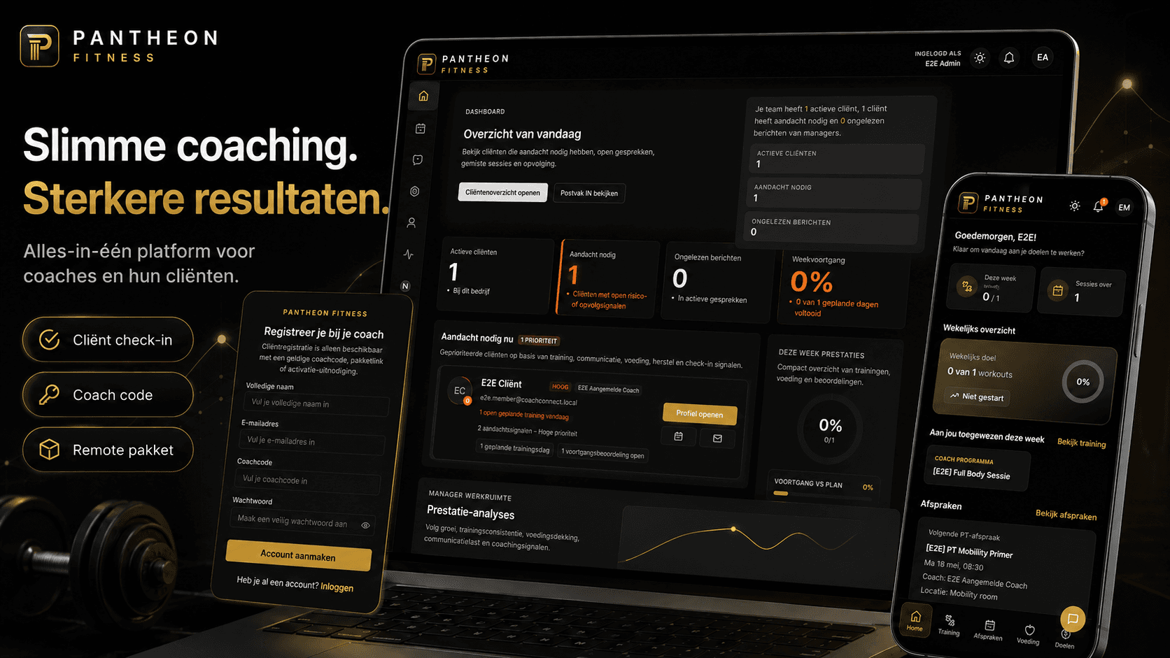Pantheon Fitness marketing hero met manager dashboard en client app